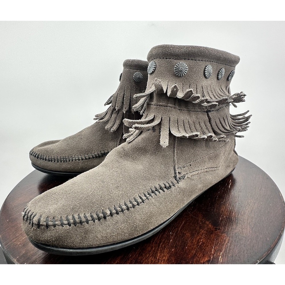 Minnetonka Double Fringe Gray Suede Moccasin Ankle Zip Booties Women 7.5